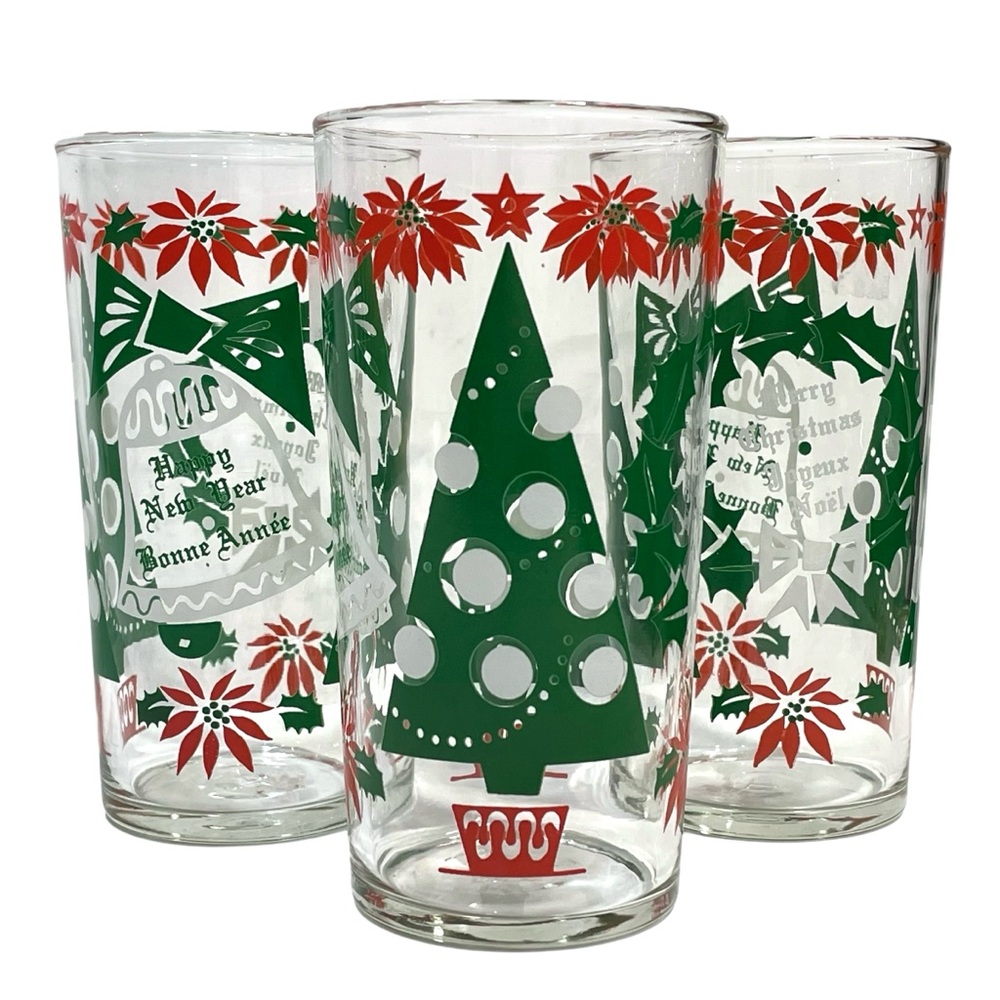 Vintage 1950s Dominion Glass Set (3) Drinking Glasses Christmas Tree Wreath Bell